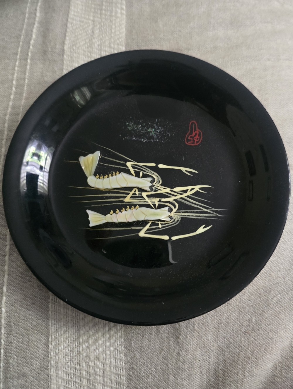 Vintage Asian Trinket Dish with Inlay Shrimp Motif